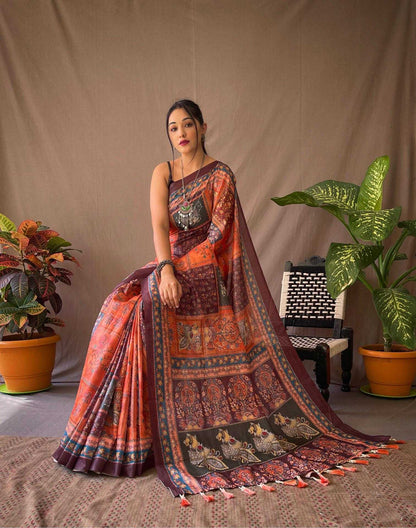 Pure Malai Cotton Orange Saree With  Kalamkari Print