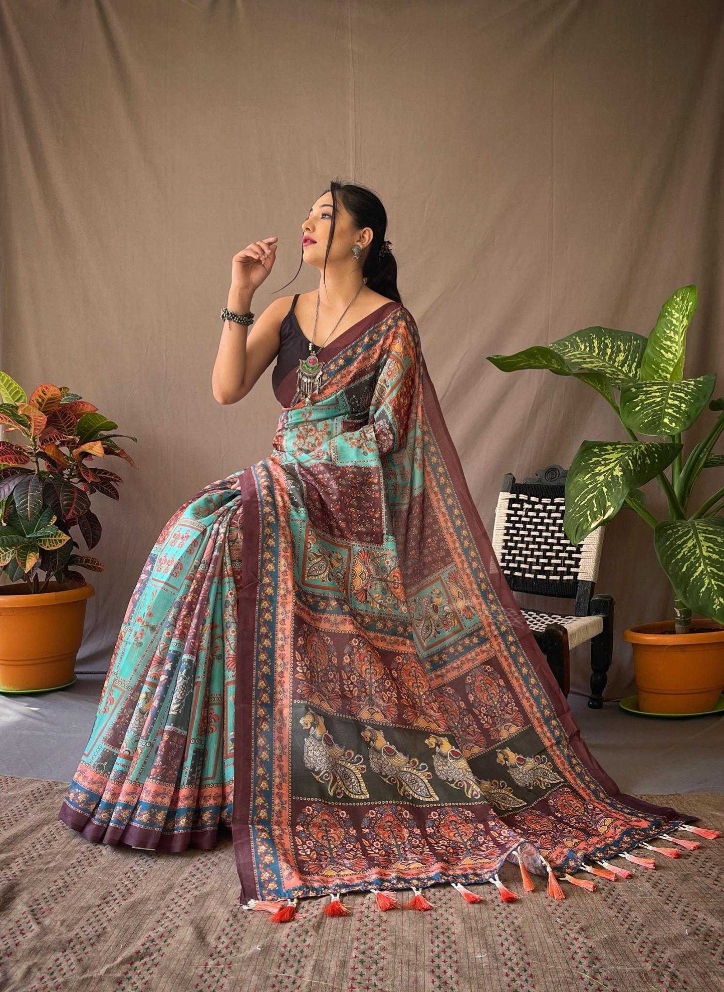 Pure Malai Cotton Green Saree With  Kalamkari Print