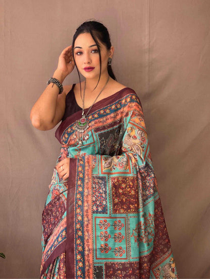 Pure Malai Cotton Green Saree With  Kalamkari Print