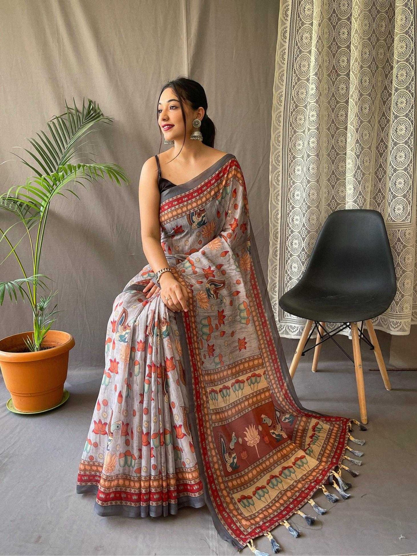 Pure Malai Brown Cotton Saree With Elegant Kalamkari Pattern