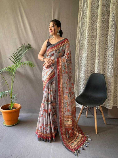 Pure Malai Brown Cotton Saree With Elegant Kalamkari Pattern