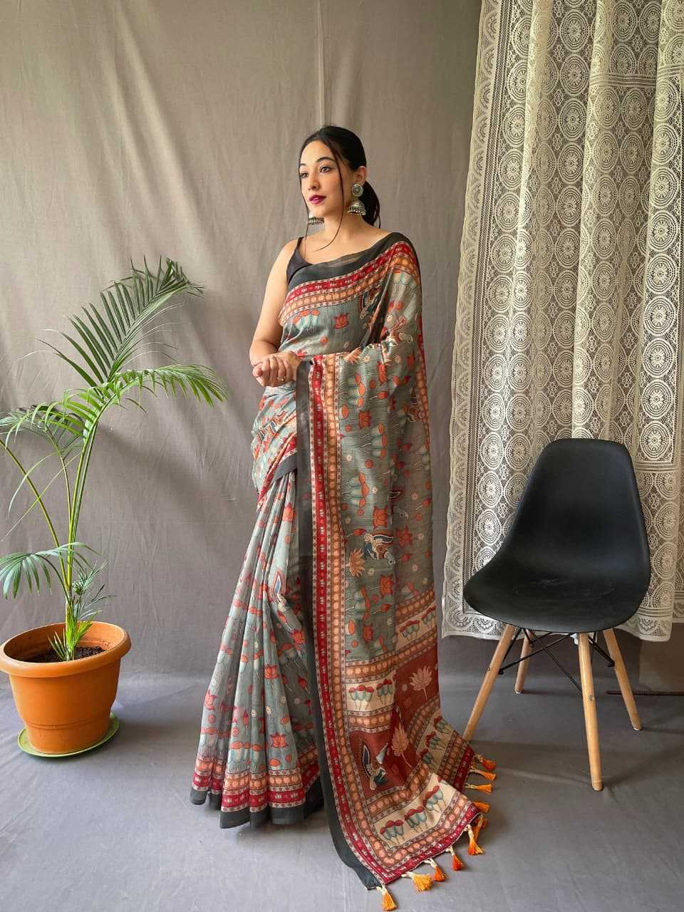 Pure Malai Grey Cotton Saree With Elegant Kalamkari Pattern