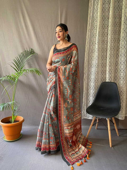 Pure Malai Grey Cotton Saree With Elegant Kalamkari Pattern