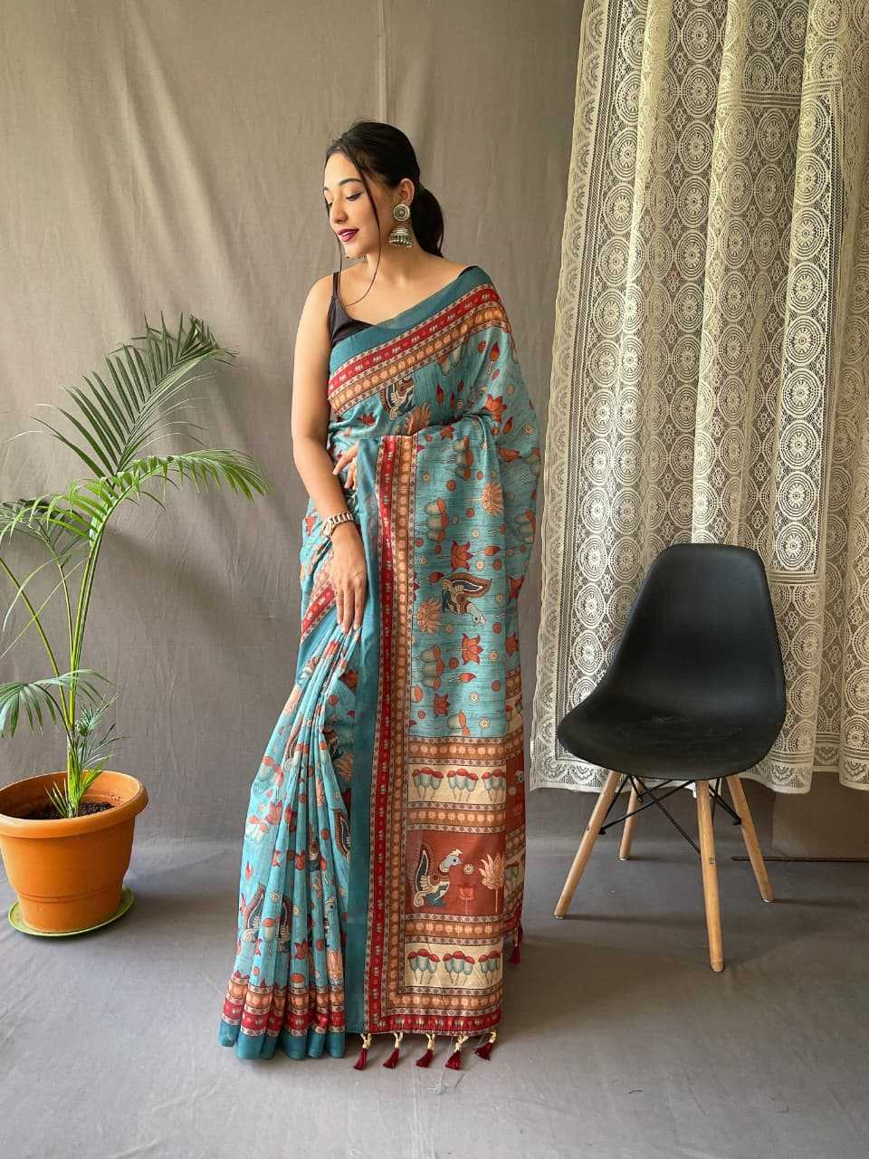 Pure Malai Sky Blue Cotton Saree With Elegant Kalamkari Pattern