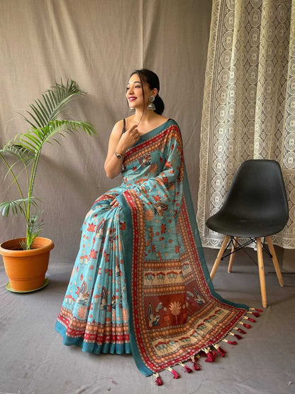 Pure Malai Sky Blue Cotton Saree With Elegant Kalamkari Pattern