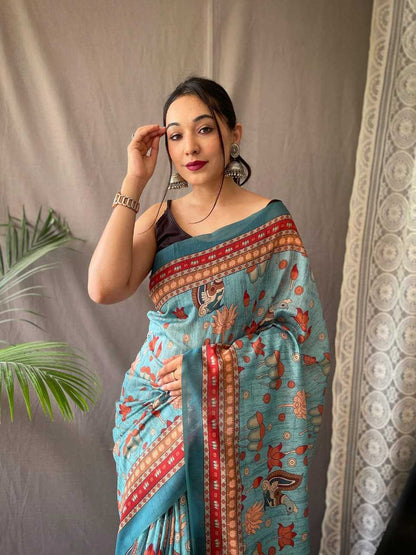 Pure Malai Sky Blue Cotton Saree With Elegant Kalamkari Pattern