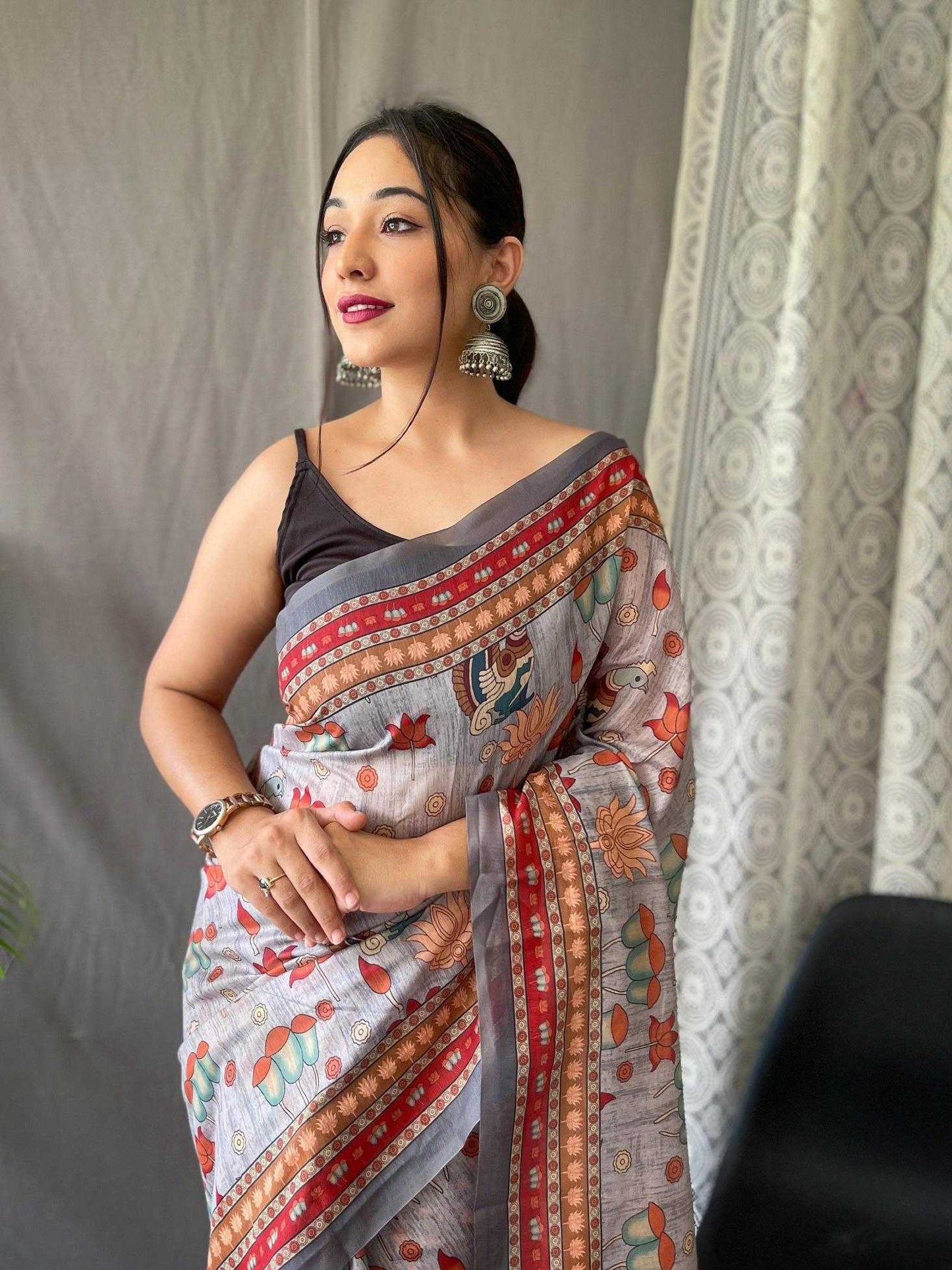 Pure Malai Brown Cotton Saree With Elegant Kalamkari Pattern