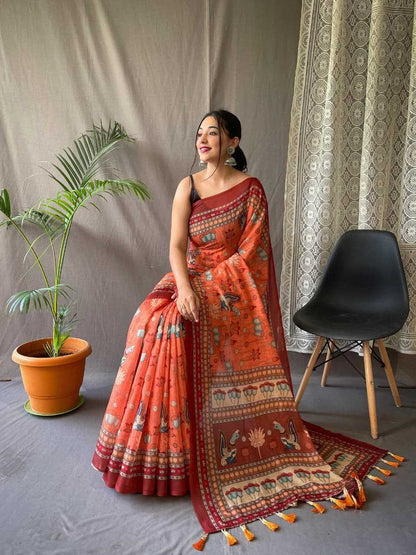 Pure Malai Orange Cotton Saree With Elegant Kalamkari Pattern