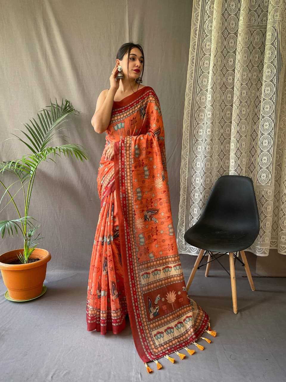 Pure Malai Orange Cotton Saree With Elegant Kalamkari Pattern