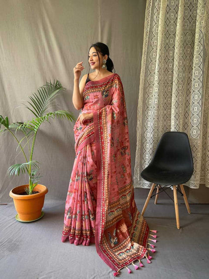 Pure Malai Peach Cotton Saree With Elegant Kalamkari Pattern