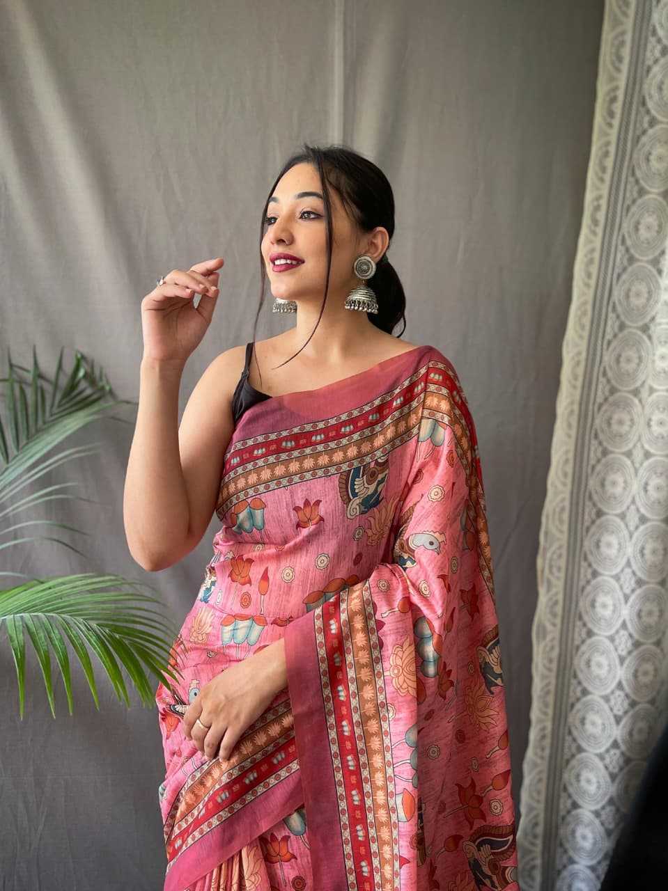 Pure Malai Peach Cotton Saree With Elegant Kalamkari Pattern