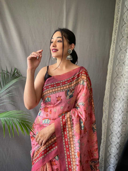 Pure Malai Peach Cotton Saree With Elegant Kalamkari Pattern