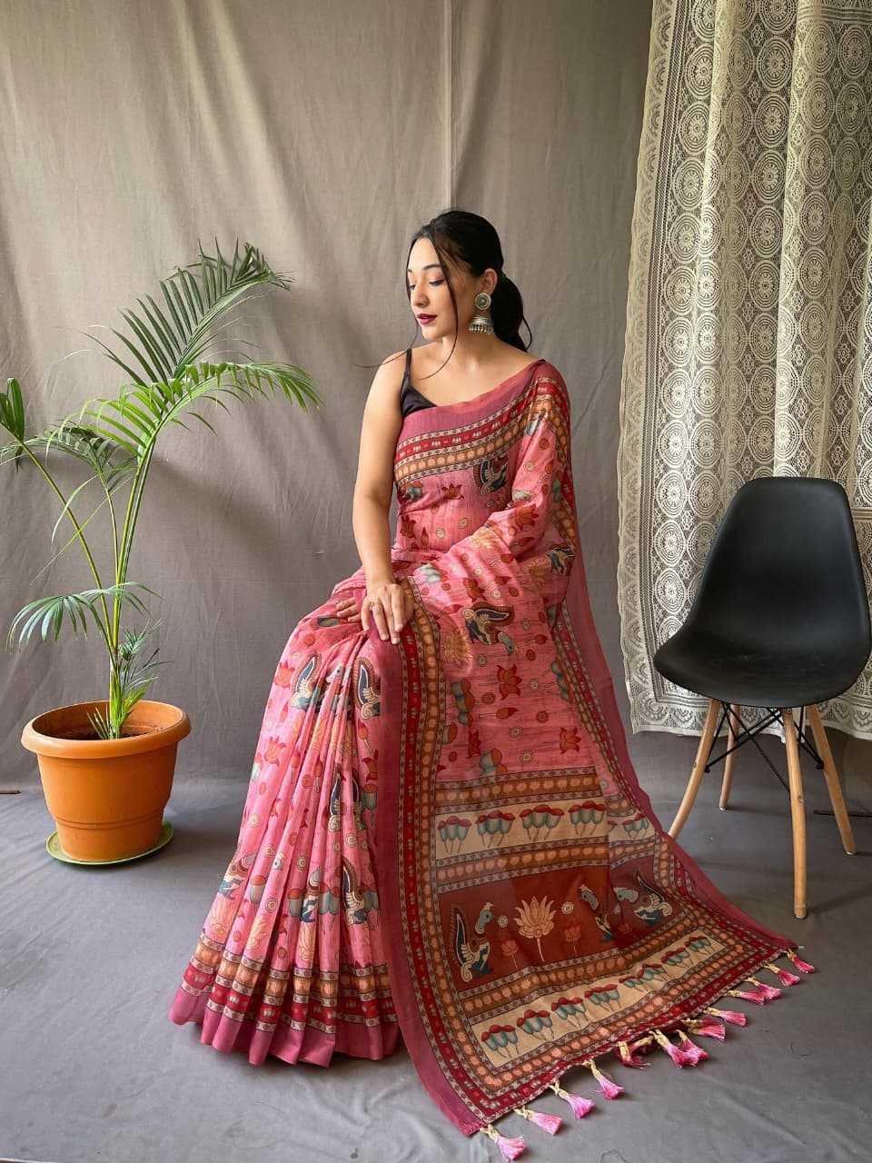 Pure Malai Peach Cotton Saree With Elegant Kalamkari Pattern