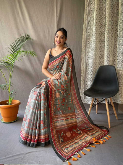 Pure Malai Grey Cotton Saree With Elegant Kalamkari Pattern
