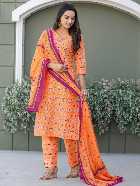 Orange Kurti Set with Cotton Blend Print