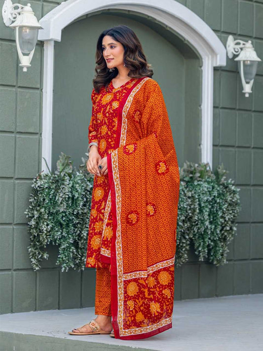 Red Kurti Set with Cotton Blend Print