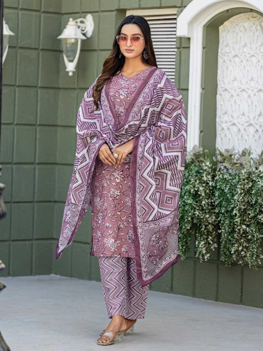 Purple Kurti Set with Cotton Blend Print