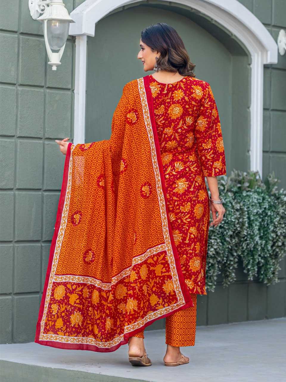 Red Kurti Set with Cotton Blend Print