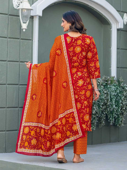 Red Kurti Set with Cotton Blend Print
