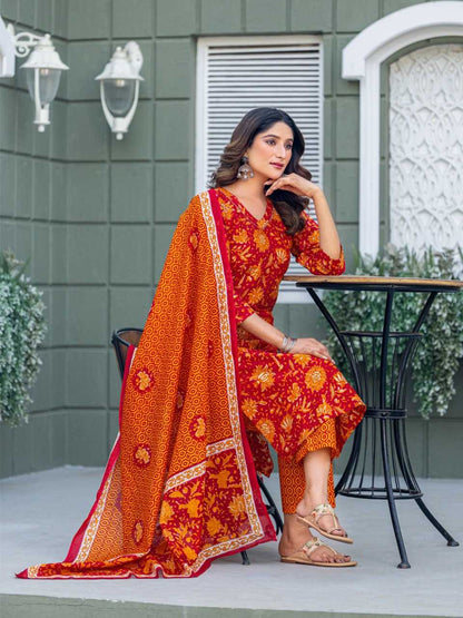 Red Kurti Set with Cotton Blend Print