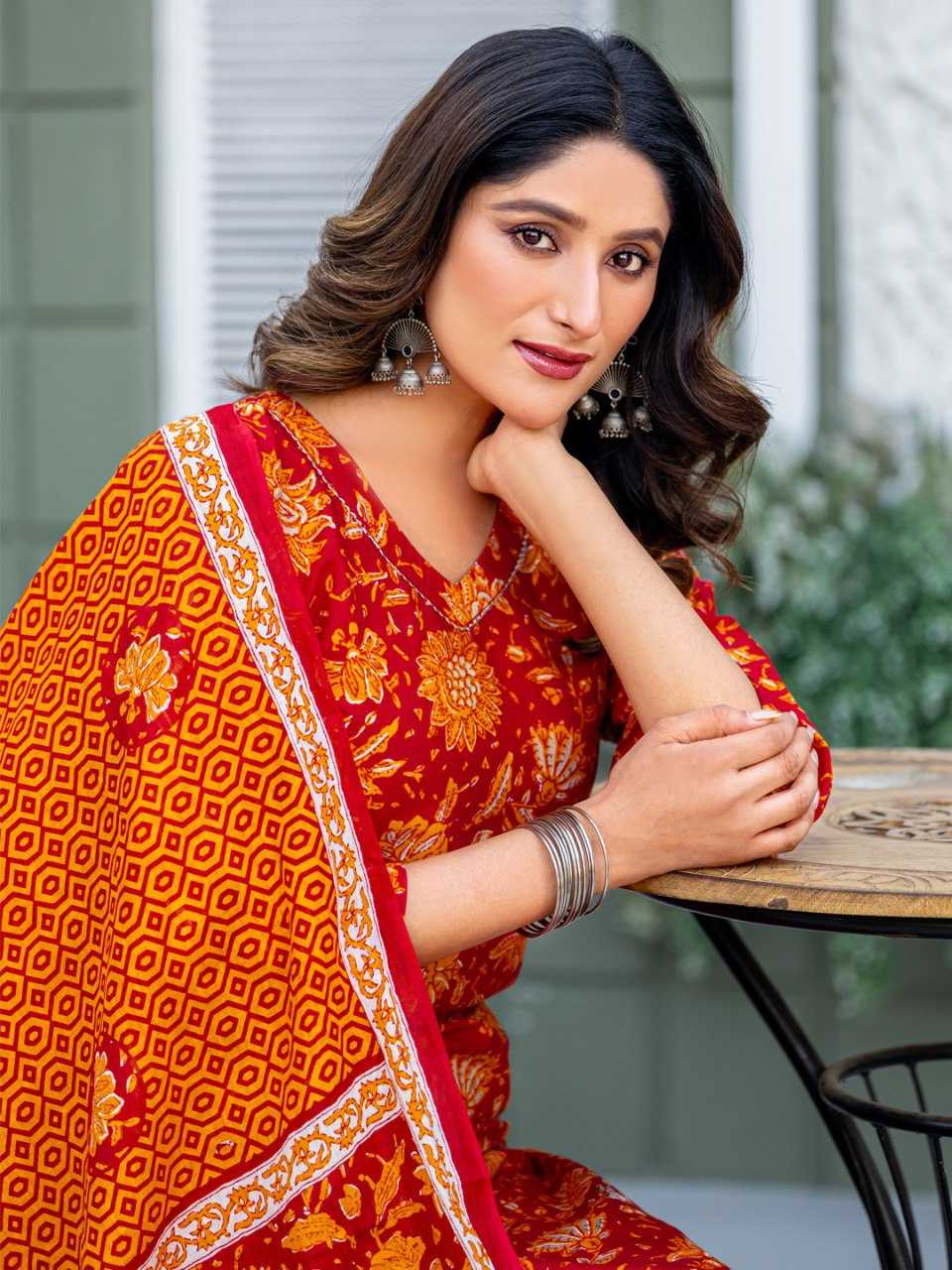 Red Kurti Set with Cotton Blend Print