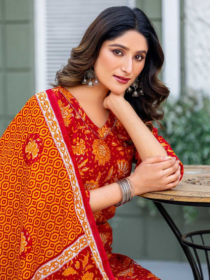 Red Kurti Set with Cotton Blend Print