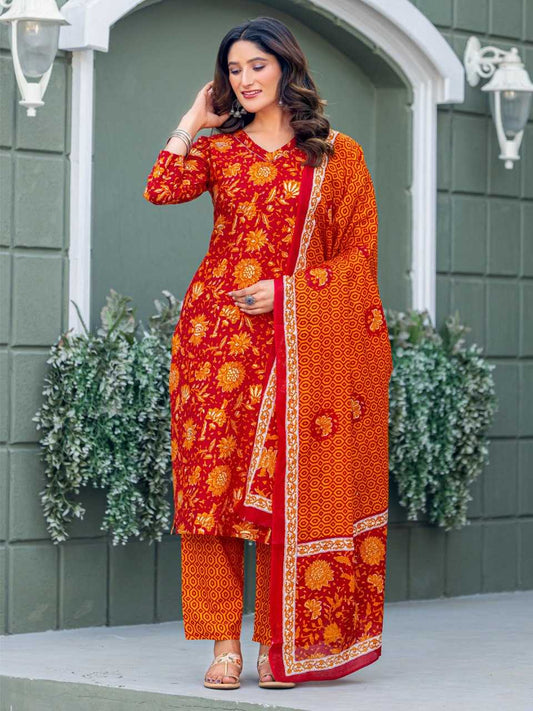Red Kurti Set with Cotton Blend Print