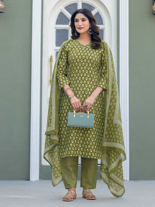 Mehandi Kurti Set with Cotton Blend Print