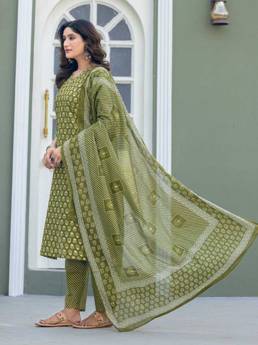 Mehandi Kurti Set with Cotton Blend Print