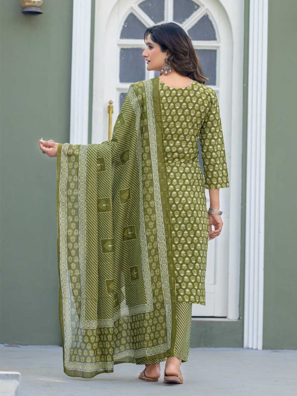 Mehandi Kurti Set with Cotton Blend Print