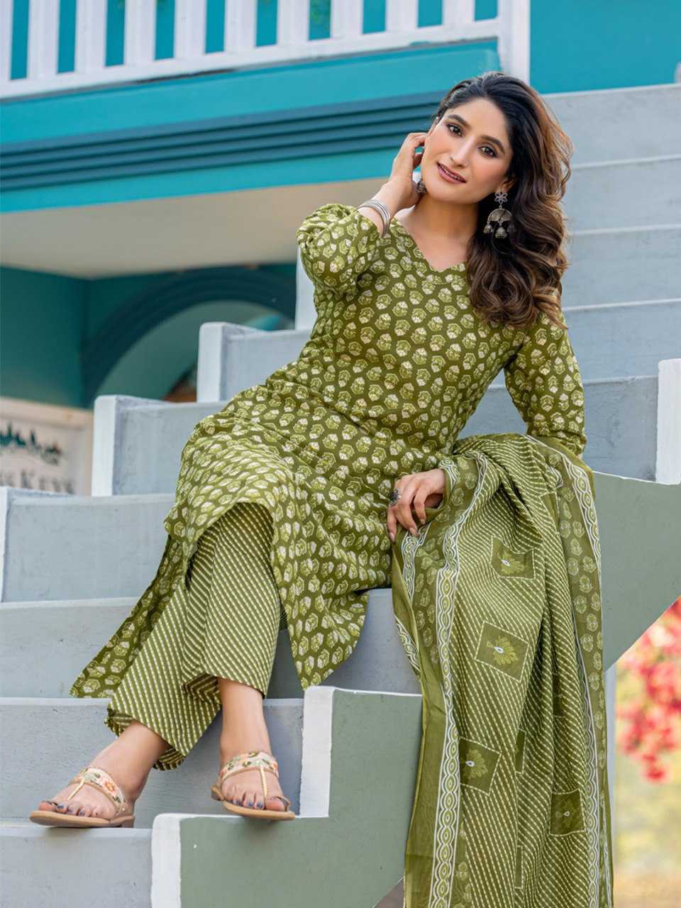 Mehandi Kurti Set with Cotton Blend Print