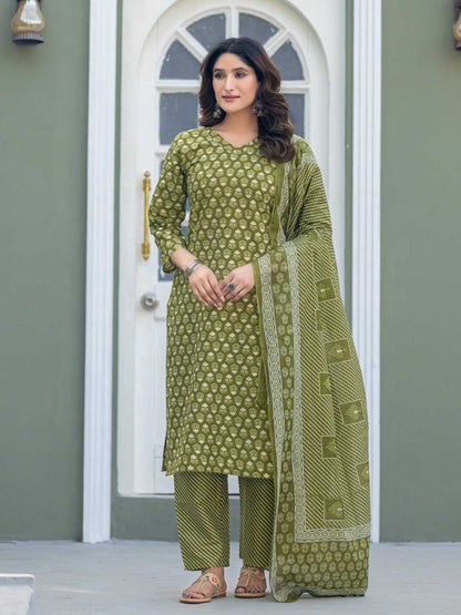 Mehandi Kurti Set with Cotton Blend Print