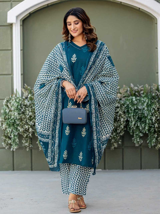 Blue Kurti Set with Cotton Blend Print