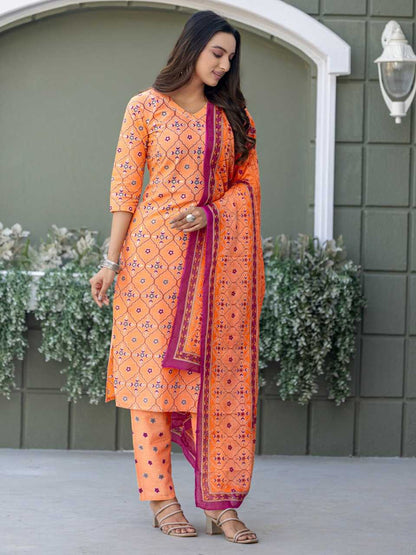 Orange Kurti Set with Cotton Blend Print