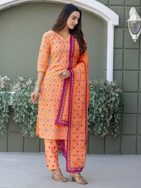 Orange Kurti Set with Cotton Blend Print