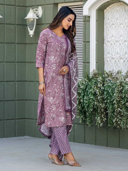 Purple Kurti Set with Cotton Blend Print