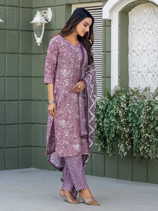 Purple Kurti Set with Cotton Blend Print