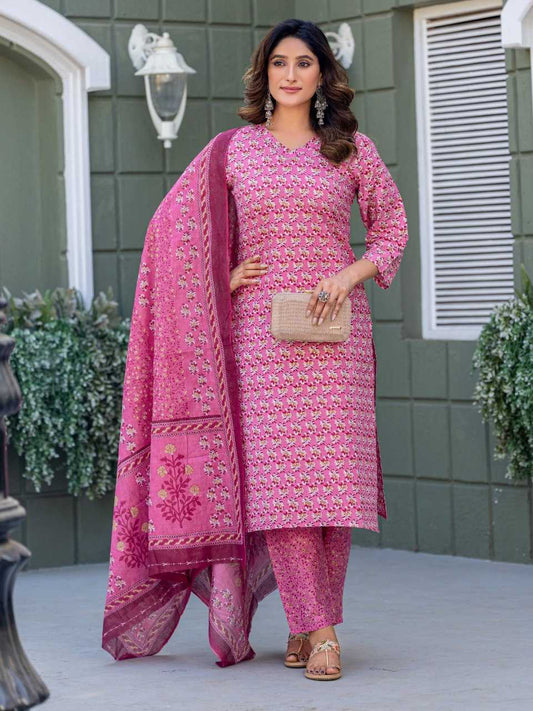 Pink Kurti Set with Cotton Blend Print