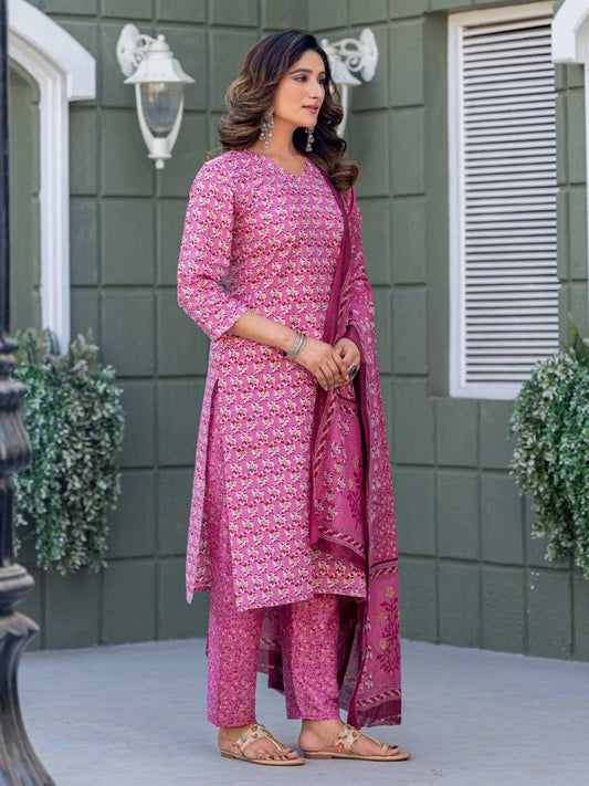 Pink Kurti Set with Cotton Blend Print