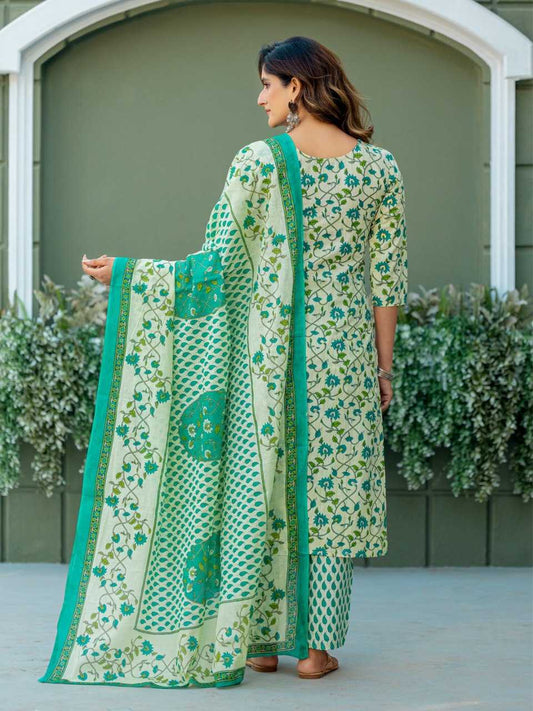 Green Kurti Set with Cotton Blend Print