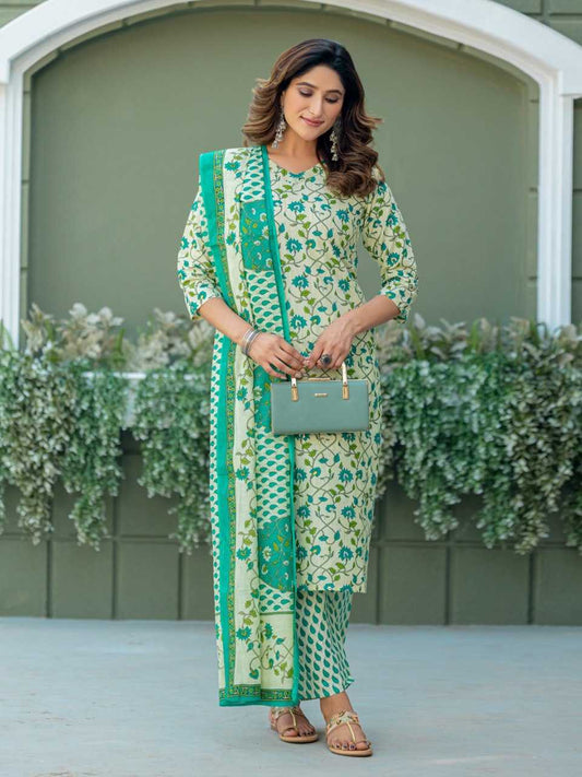 Green Kurti Set with Cotton Blend Print