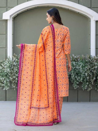 Orange Kurti Set with Cotton Blend Print
