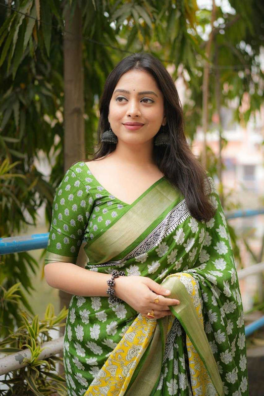 Soft Cotton Linen ajrakh style printed saree.