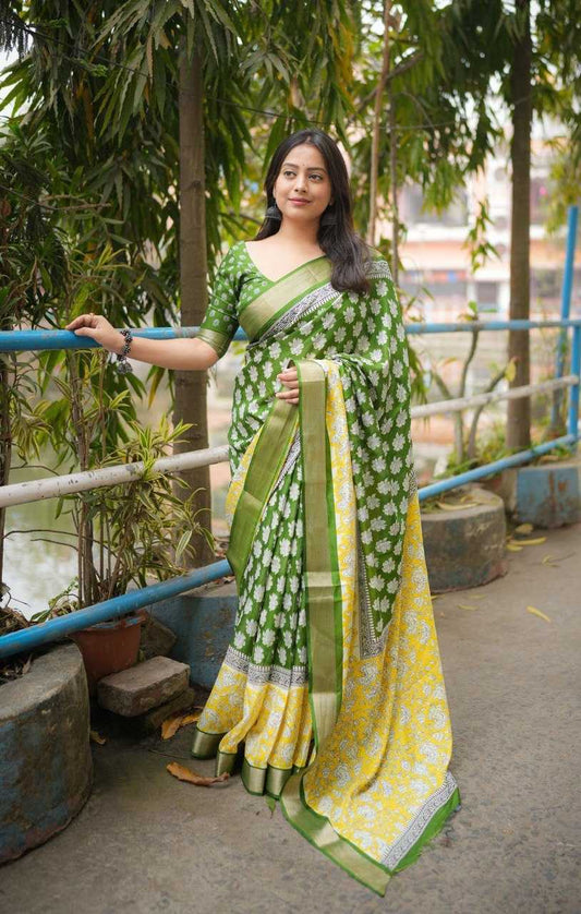 Soft Cotton Linen ajrakh style printed saree.