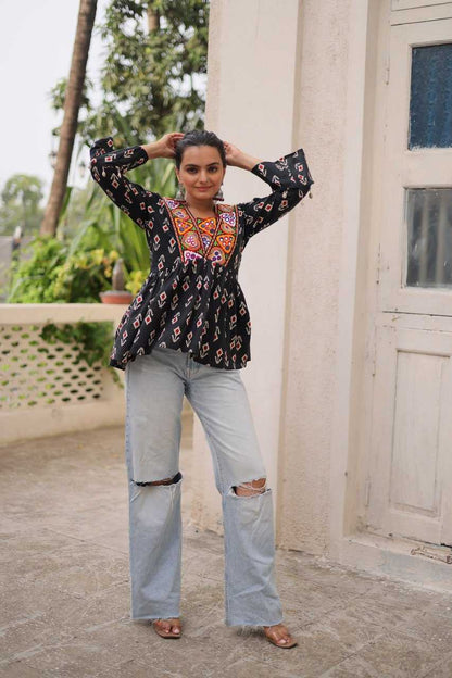 Black Cotton Kurti Print with kutchi Patch-work