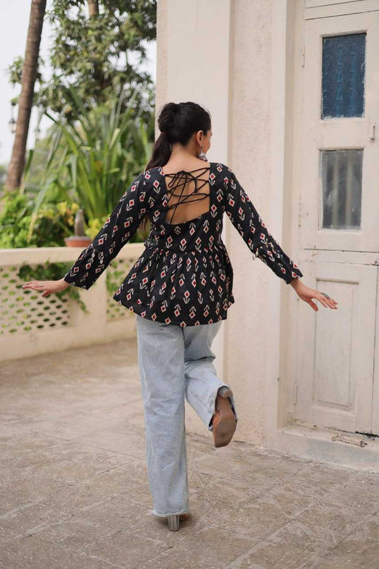 Black Cotton Kurti Print with kutchi Patch-work