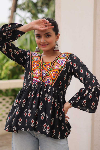 Black Cotton Kurti Print with kutchi Patch-work