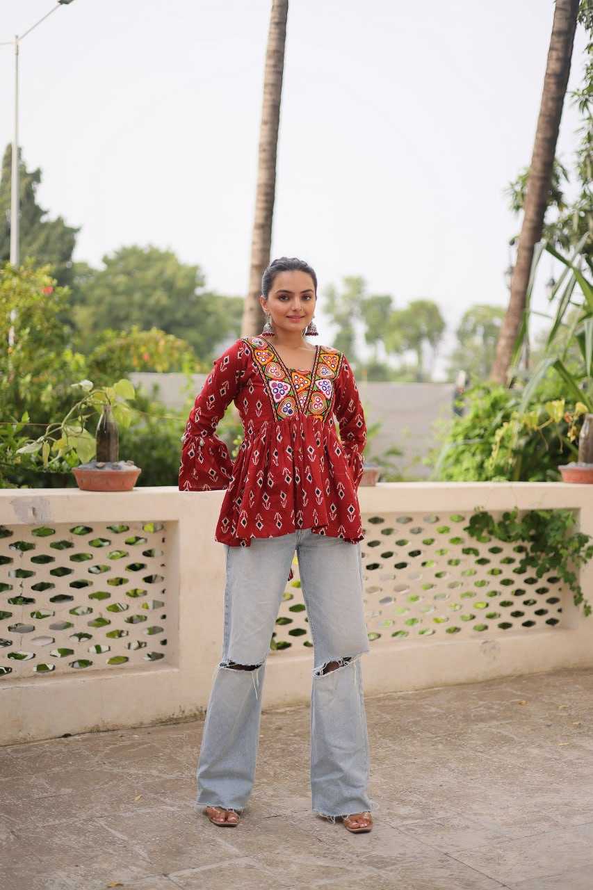 Red Cotton Kurti Print with kutchi Patch-work
