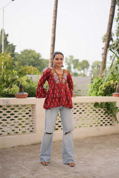 Red Cotton Kurti Print with kutchi Patch-work
