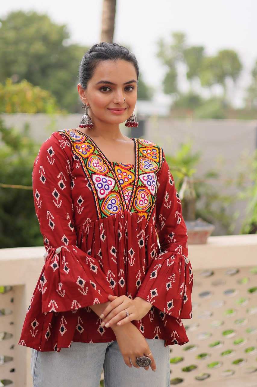 Red Cotton Kurti Print with kutchi Patch-work